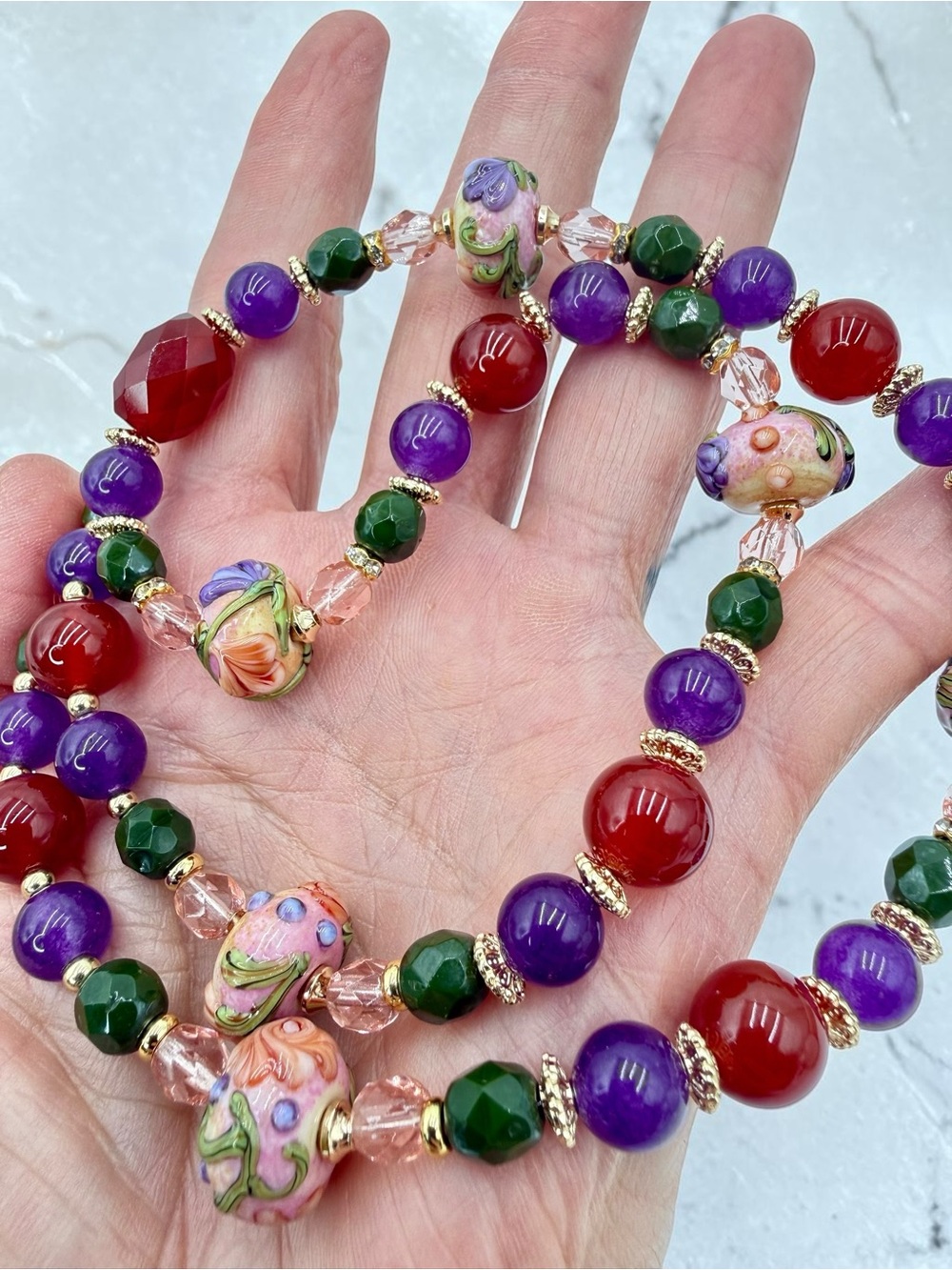 Artisan Handmade Amethyst Carnelian Lampwork Floral Necklace 20” Gold Floral Lux - Picture 17 of 17